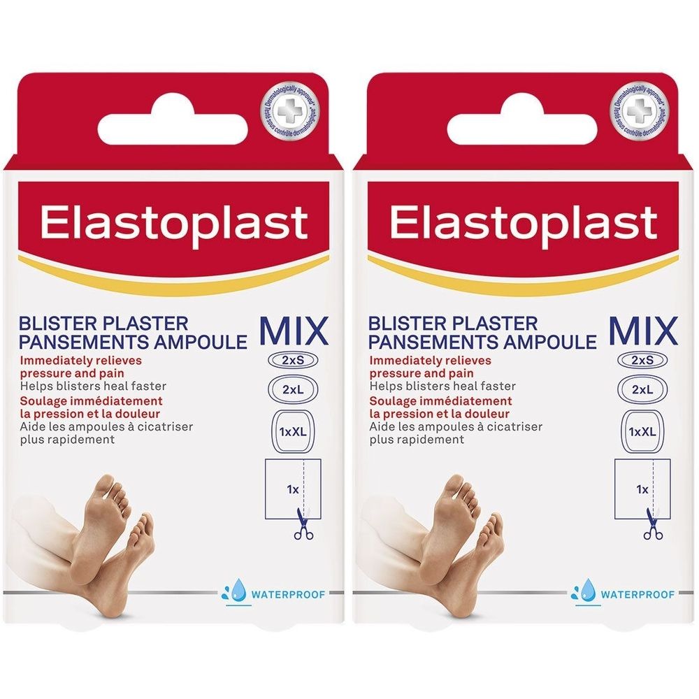 Deux boîtes de pansements ampoules Elastoplast Mix. Soulage immédiatement la pression et la douleur. Contient différentes tailles.
