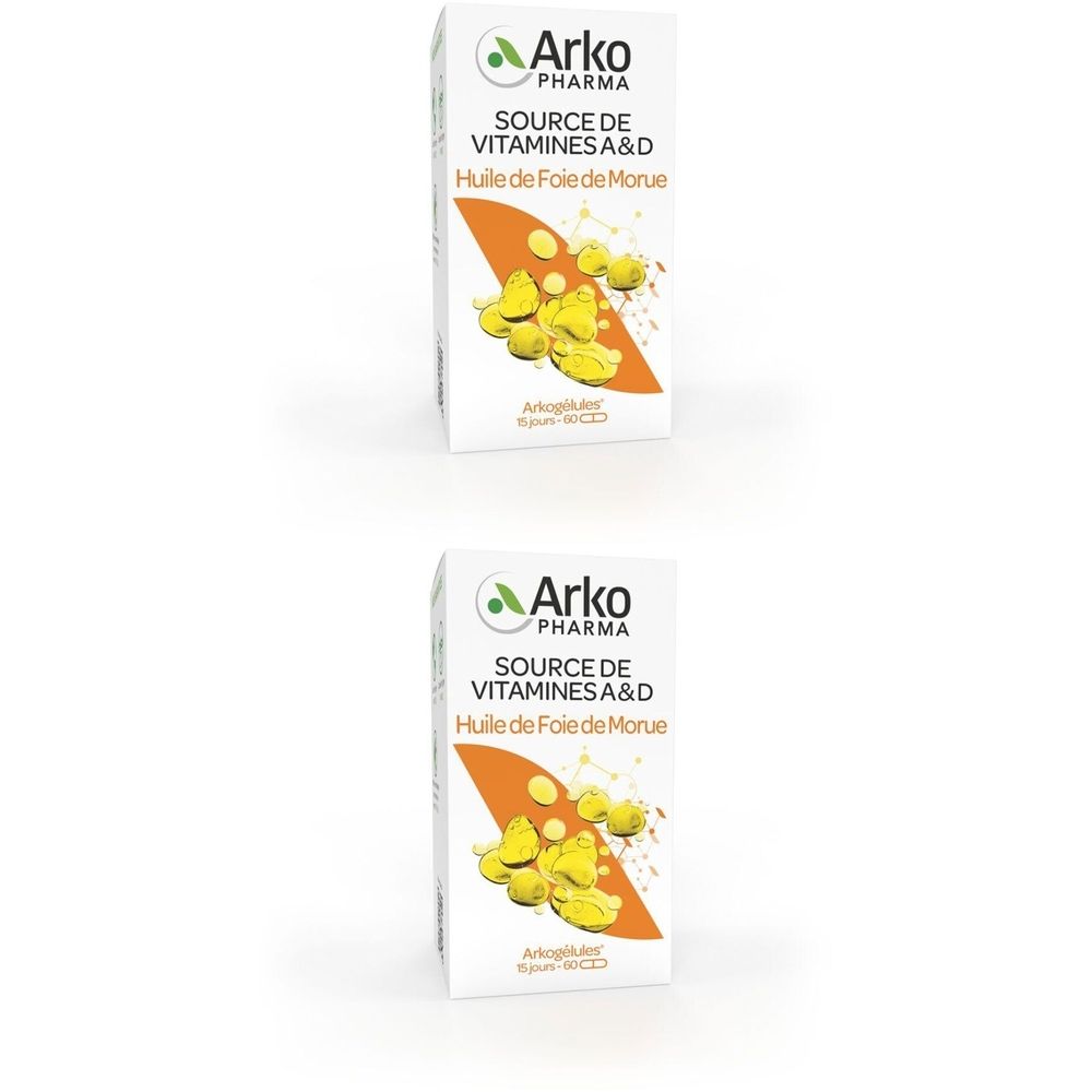 Deux boîtes blanches avec le logo Arko Pharma. Inscription : SOURCE DE VITAMINES A&D Huile de Foie de Morue. Capsules représentées.