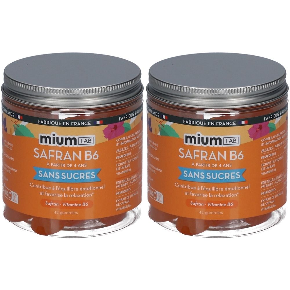 Deux pots de Mium Lab Safran B6. Inscription : Safran B6, à partir de 4 ans, sans sucres. Contribue à l'équilibre émotionnel.