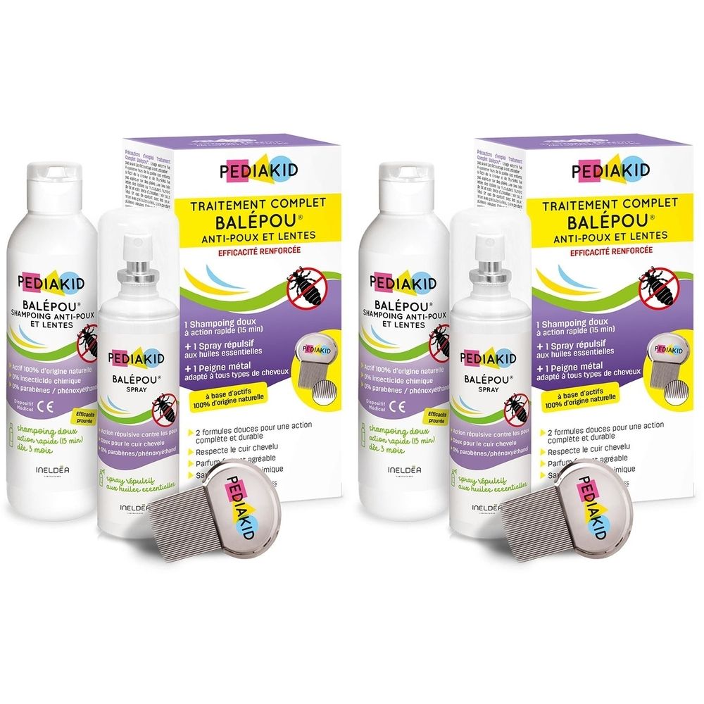 Plusieurs produits Pediakid Balépou. Comprend shampooing, spray, boîte et peigne métallique. Noms et logos visibles.
