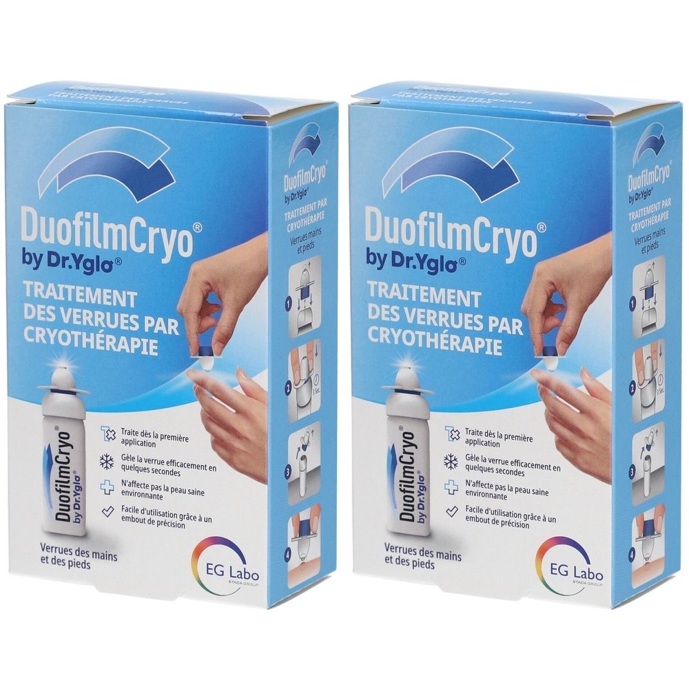 Deux boîtes de DuofilmCryo. Emballage bleu avec image du produit et texte. Contient un flacon avec applicateur. Traitement des verrues par cryothérapie.