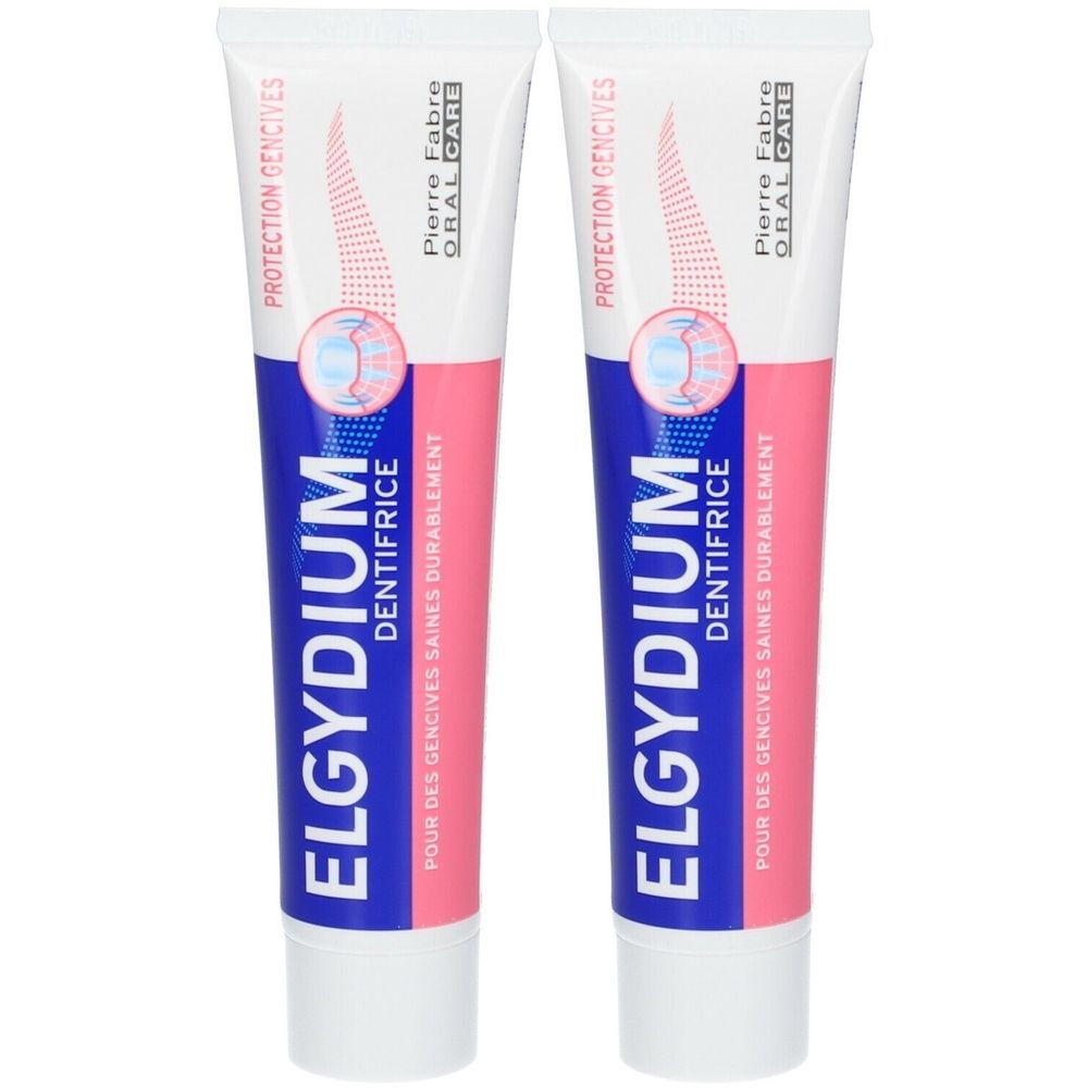 Deux tubes de dentifrice. Design blanc, bleu et rose. Inscriptions: ELGYDIUM, DENTIFRICE, Pierre Fabre, ORAL CARE, PROTECTION GENCIVES.