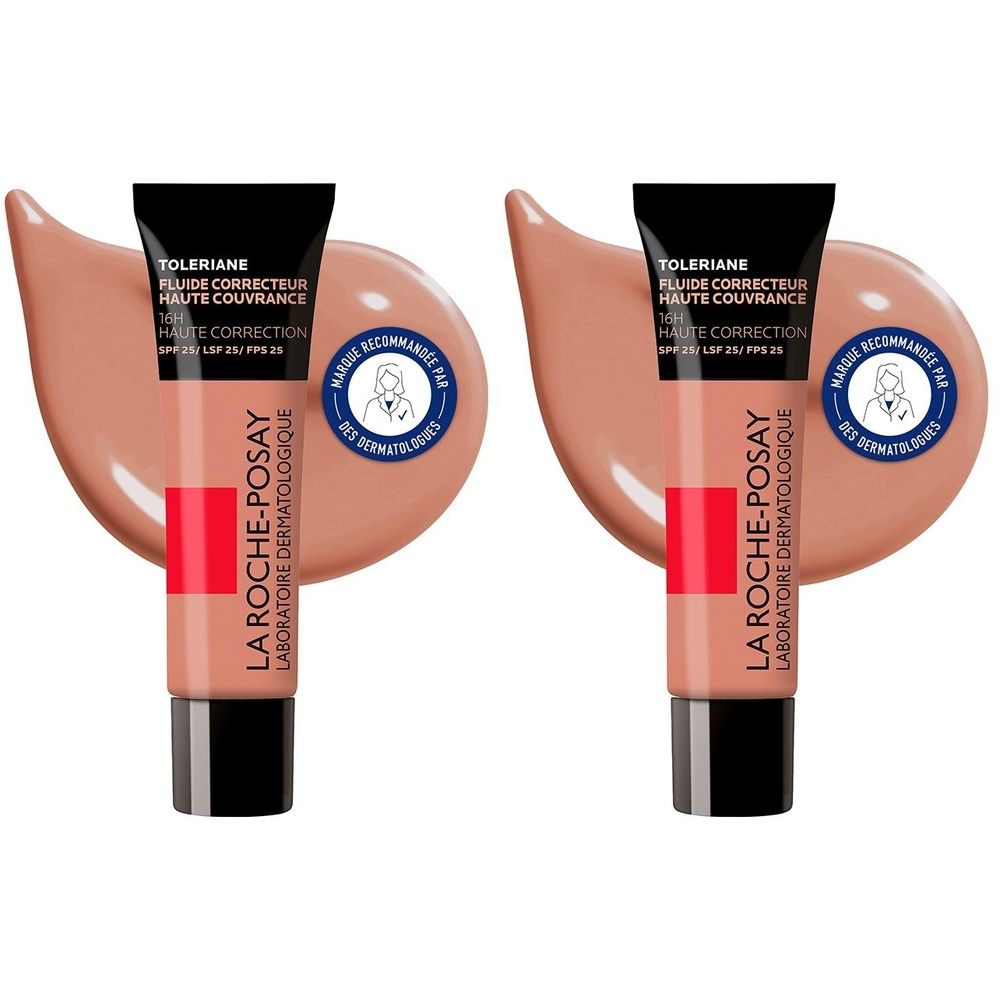 Deux tubes de correcteur teinté. Inscription: TOLERIANE, FLUIDE CORRECTEUR HAUTE COUVRANCE. Marque: LA ROCHE-POSAY. Recommandé par les dermatologues.