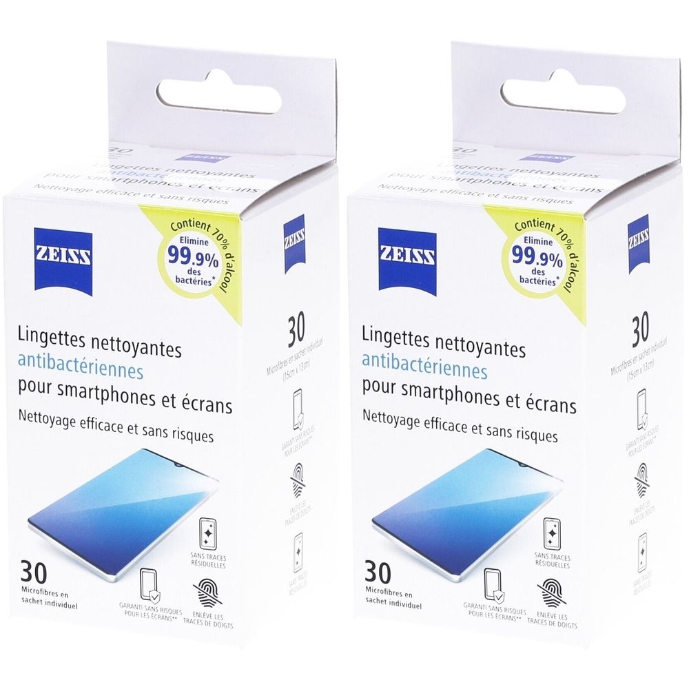 Deux boîtes de lingettes nettoyantes ZEISS pour smartphones et écrans. Chaque boîte contient 30 lingettes. Indication : élimine 99,9% des bactéries.