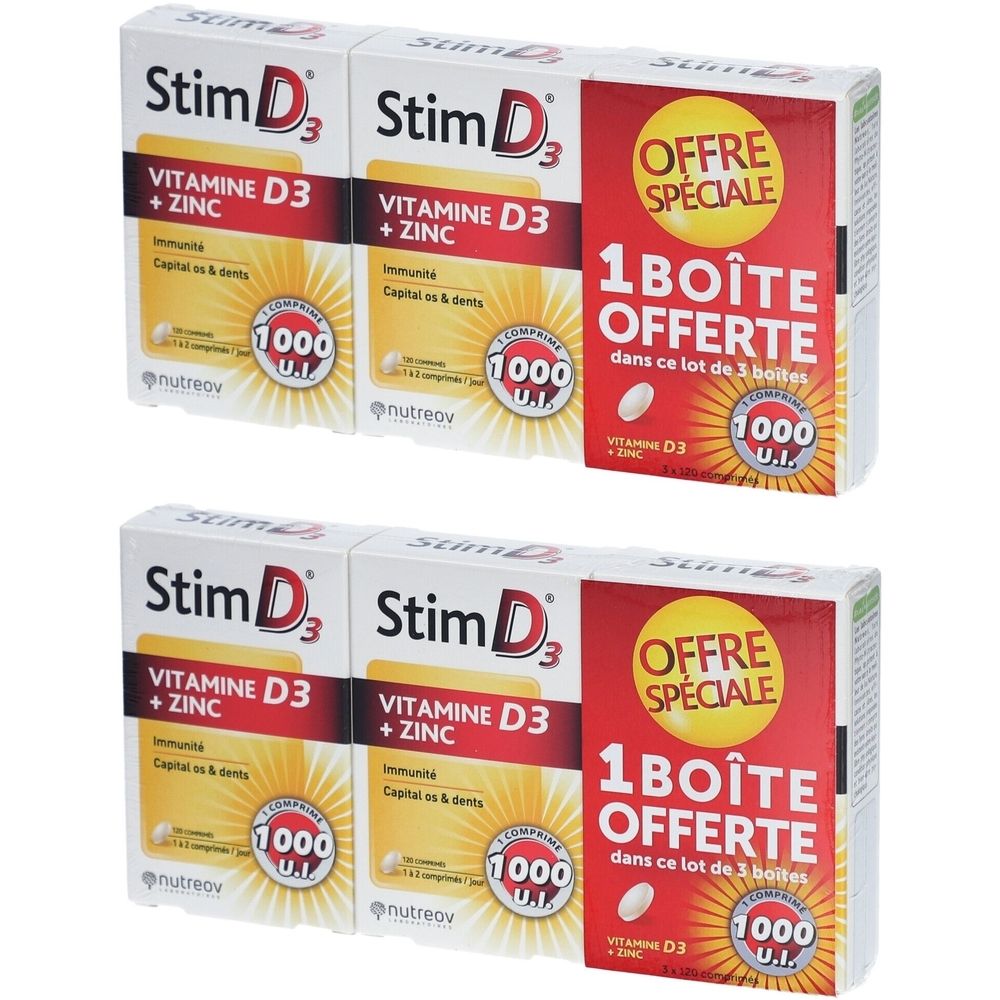 Plusieurs boîtes de Stim D3, vitamine D3 + zinc. Inscription : 1000 U.I. et « 1 BOÎTE OFFERTE ».