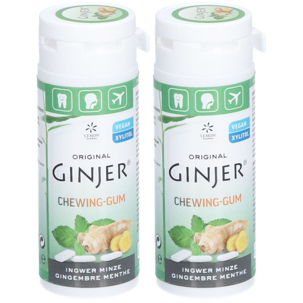 Deux flacons blancs avec étiquette verte. Inscription : Ginjer Chewing-Gum Gingembre Menthe. Vegan, Xylitol.