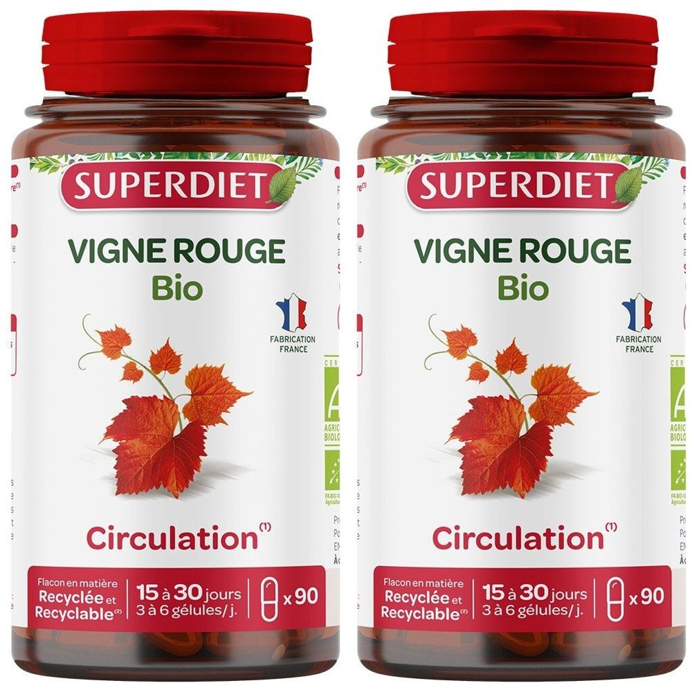 Deux flacons avec bouchon rouge. Inscription: SUPERDIET Vigne Rouge Bio Circulation. Fabrication française. 90 gélules.