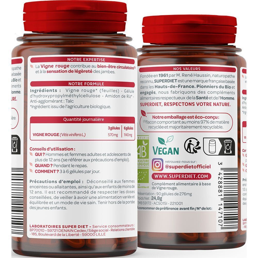 Arrière de deux flacons SUPERDIET Vigne Rouge Bio avec ingrédients et conseils d'utilisation.