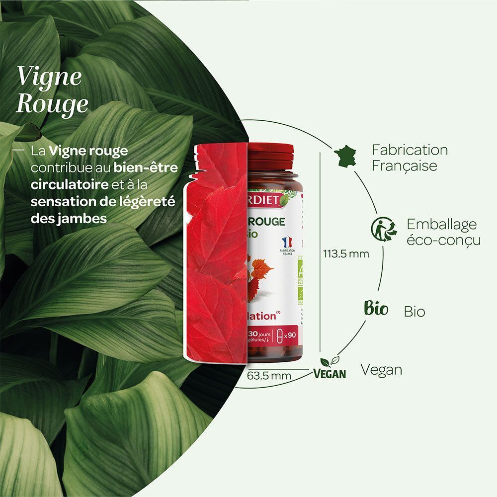Flacon SUPERDIET Vigne Rouge Bio dans un décor de feuilles, avec dimensions et labels.