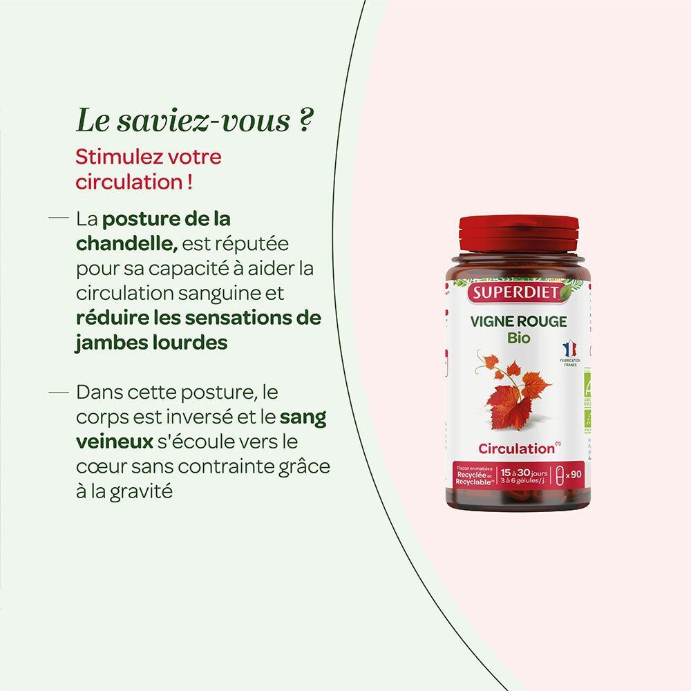 Flacon SUPERDIET Vigne Rouge Bio à côté d'un texte sur les bienfaits de la vigne rouge pour la circulation.