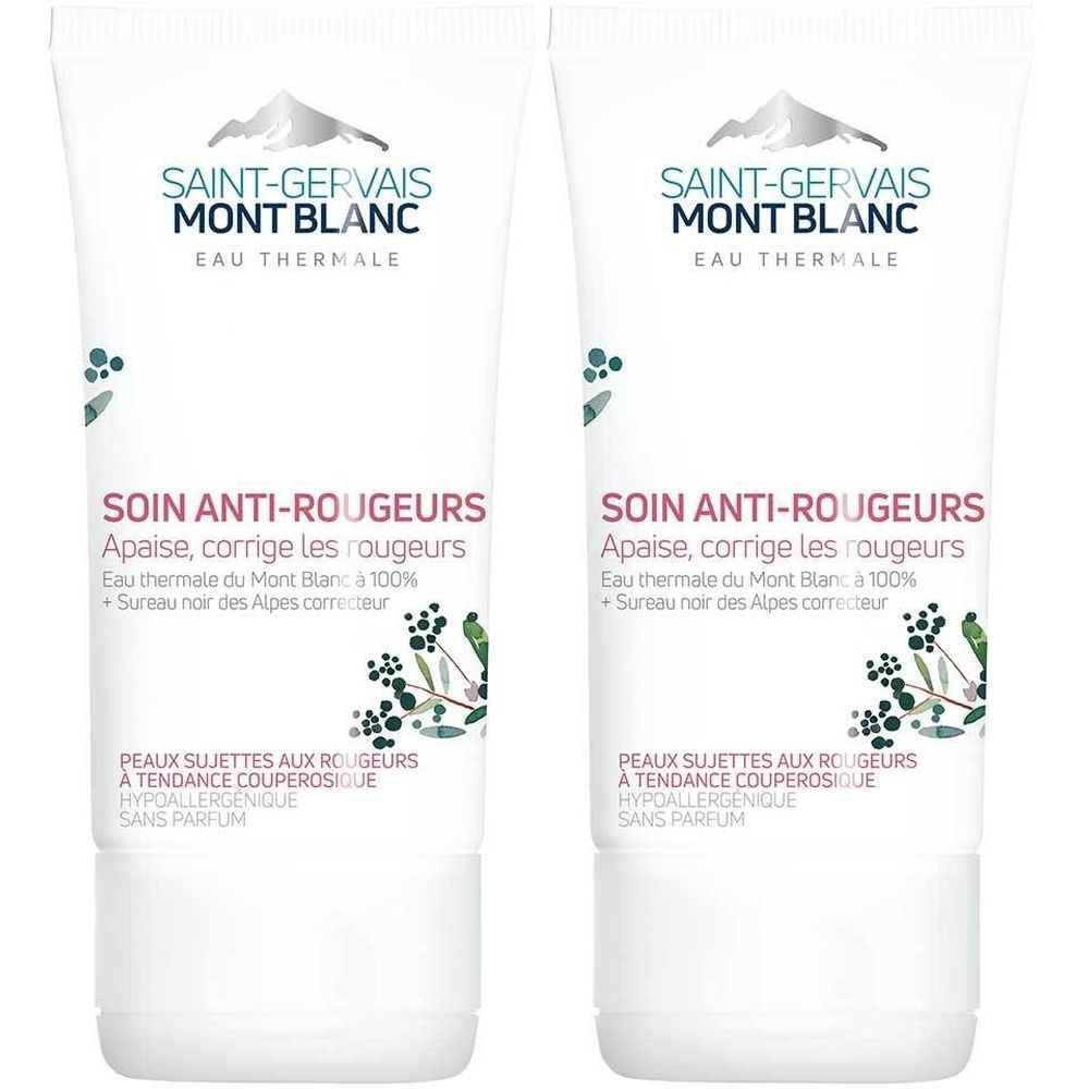 Deux tubes de soin anti-rougeurs. Marque: SAINT-GERVAIS MONT BLANC. Texte: SOIN ANTI-ROUGEURS. Pour peaux sujettes aux rougeurs. Hypoallergénique, sans parfum.