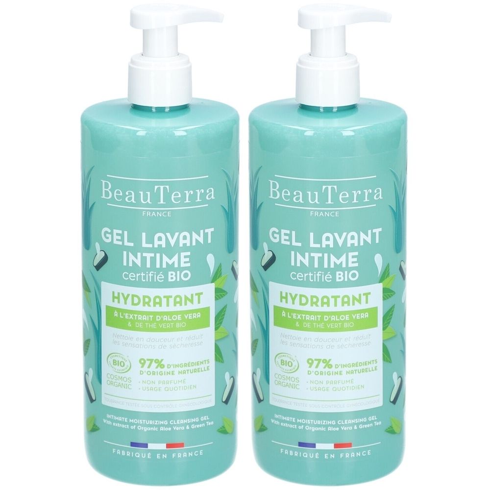 Deux flacons de gel lavant intime BeauTerra, turquoise, avec pompe. Texte: Gel Lavant Intime certifié Bio, Hydratant.