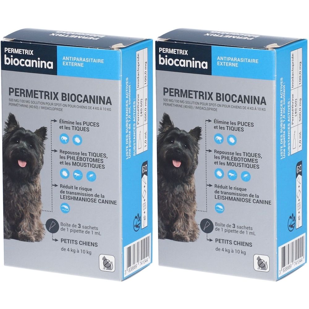 Deux boîtes PERMETRIX BIOCANINA. Indiqué pour éliminer puces et tiques. Pour petits chiens de 4 à 10 kg. Boîte de 3 sachets.