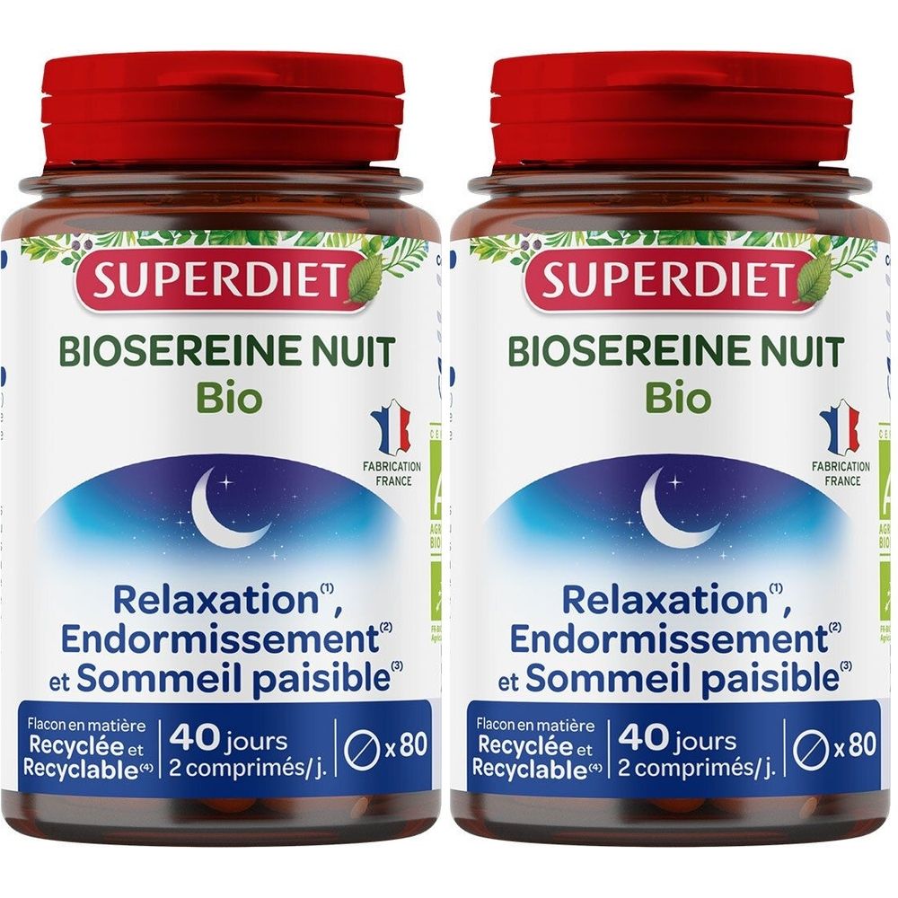Deux flacons de SUPERDIET Biosereine Nuit Bio. Flacons bruns, bouchons rouges. Inscription: Relaxation, Endormissement et Sommeil paisible. 80 comprimés.