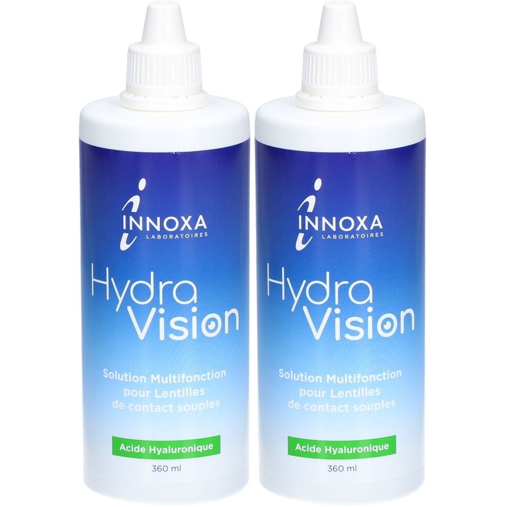 Deux flacons de solution INNOXA Hydra Vision. Étiquettes bleues et blanches avec informations produit. Contient de l'acide hyaluronique. 360 ml.