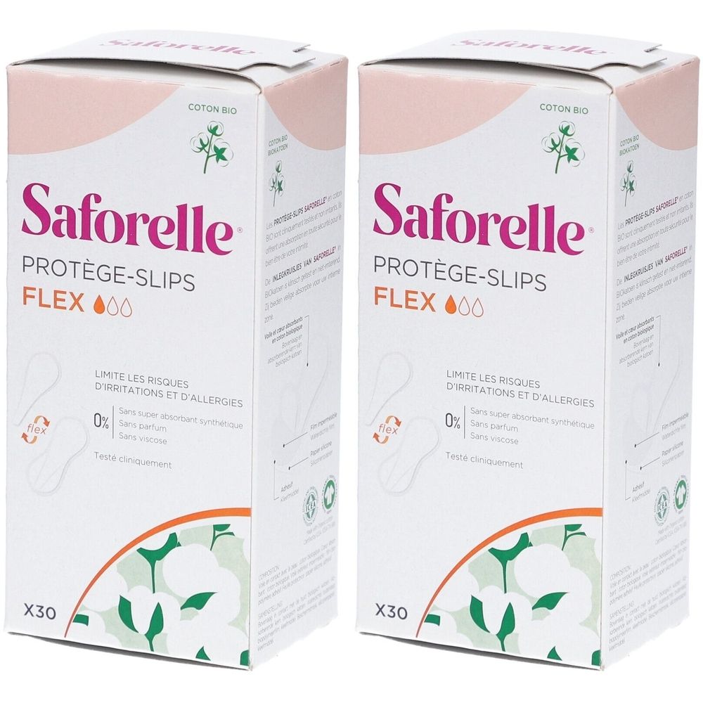 Deux boîtes de Protège-slips Saforelle Flex. Inscription rose sur fond blanc. X30. Coton bio.