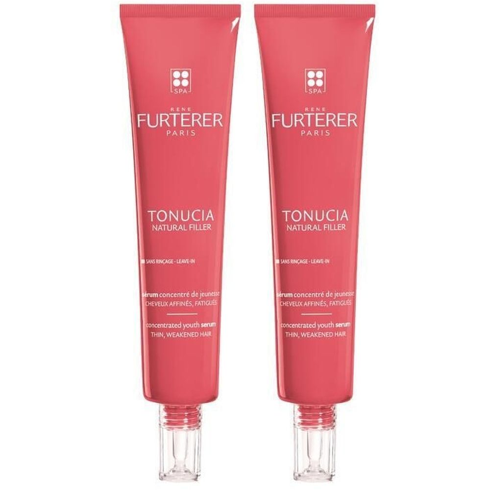 Deux tubes de sérum rose. Inscription : René Furterer, Tonucia Natural Filler. Sérum jeunesse concentré pour cheveux fins et affaiblis.