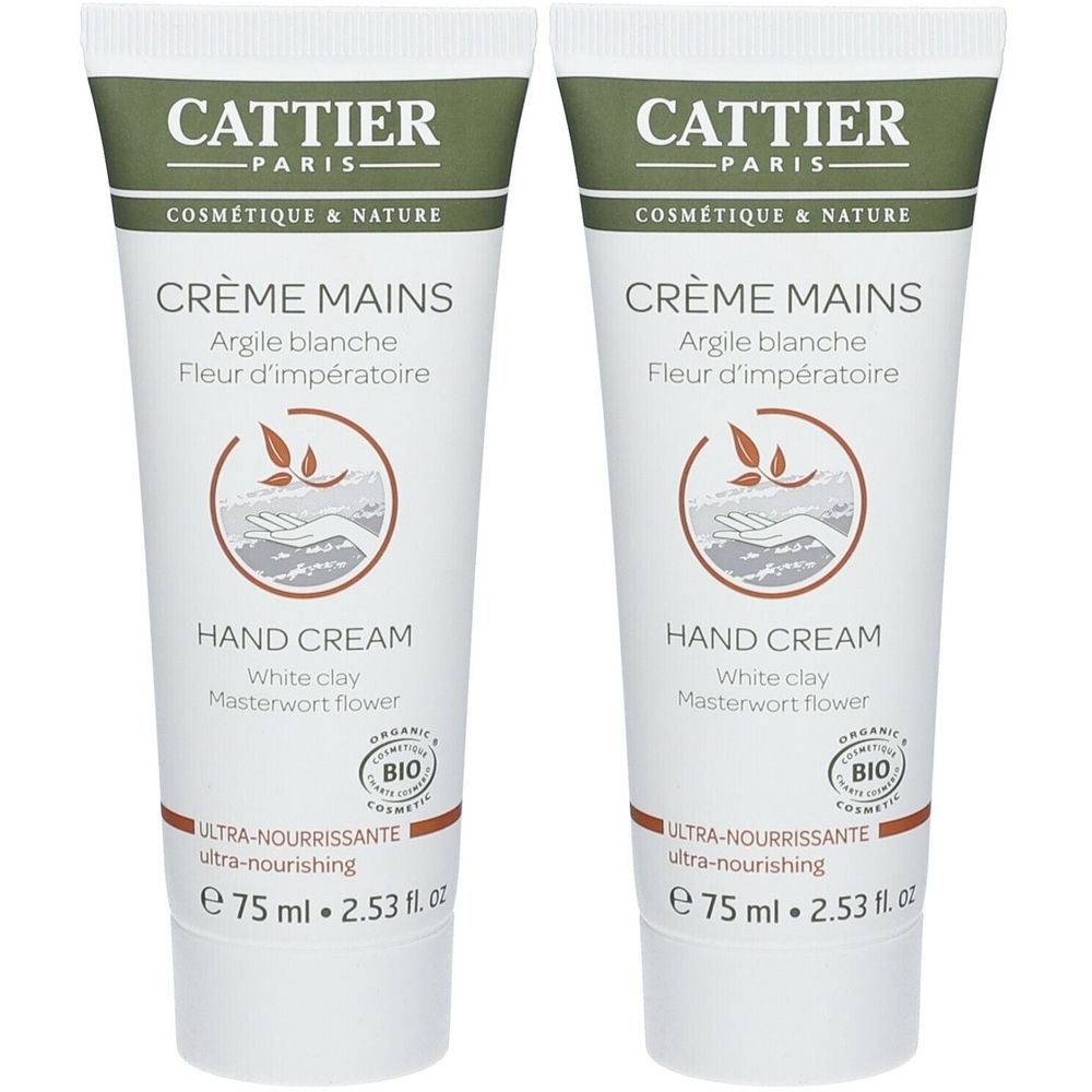Deux tubes de crème pour les mains. Inscription: CATTIER PARIS, Crème Mains, Hand Cream, certification BIO.