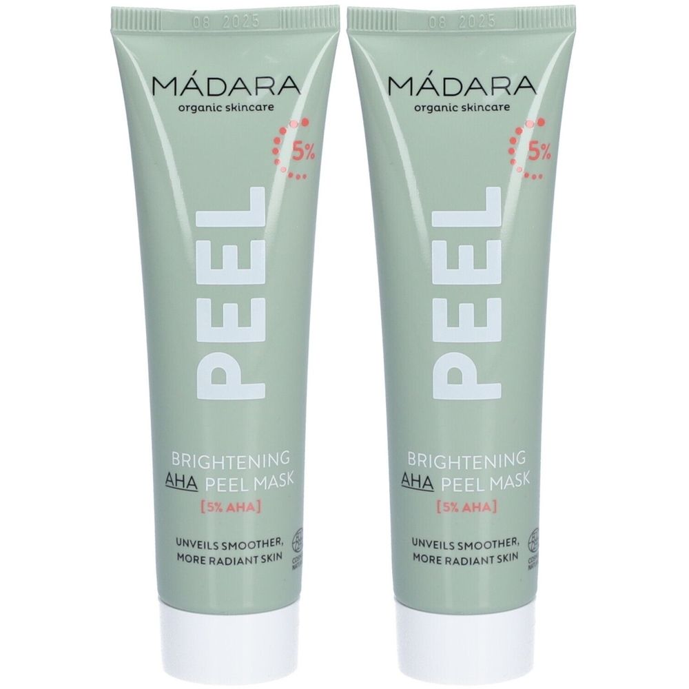 Deux tubes de Mádara Brightening AHA Peel Mask. Tubes vert clair avec texte blanc. Inscription: PEEL, Brightening AHA Peel Mask.