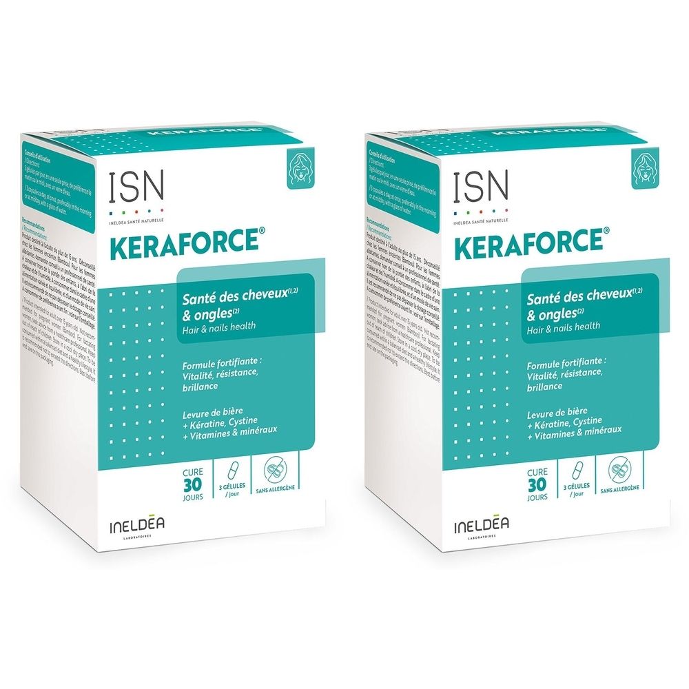 Deux boîtes de Keraforce ISN. Inscription : Santé des cheveux & ongles. Formule pour vitalité, résistance et brillance. 30 gélules.