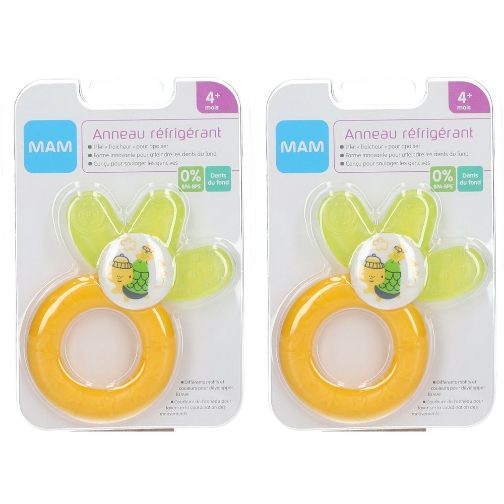 Deux anneaux réfrigérants MAM emballés. Anneau jaune, ailes vertes, motif. Texte : "Anneau réfrigérant", "4+ mois", "0% Bisphenol".