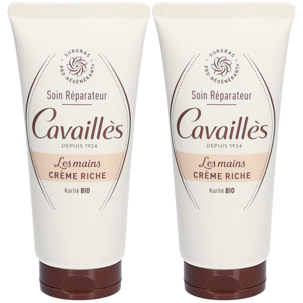 Deux tubes de Crème mains et ongles Cavaillès. Blancs, avec bouchon marron. Inscription : Crème Riche, Karité BIO.