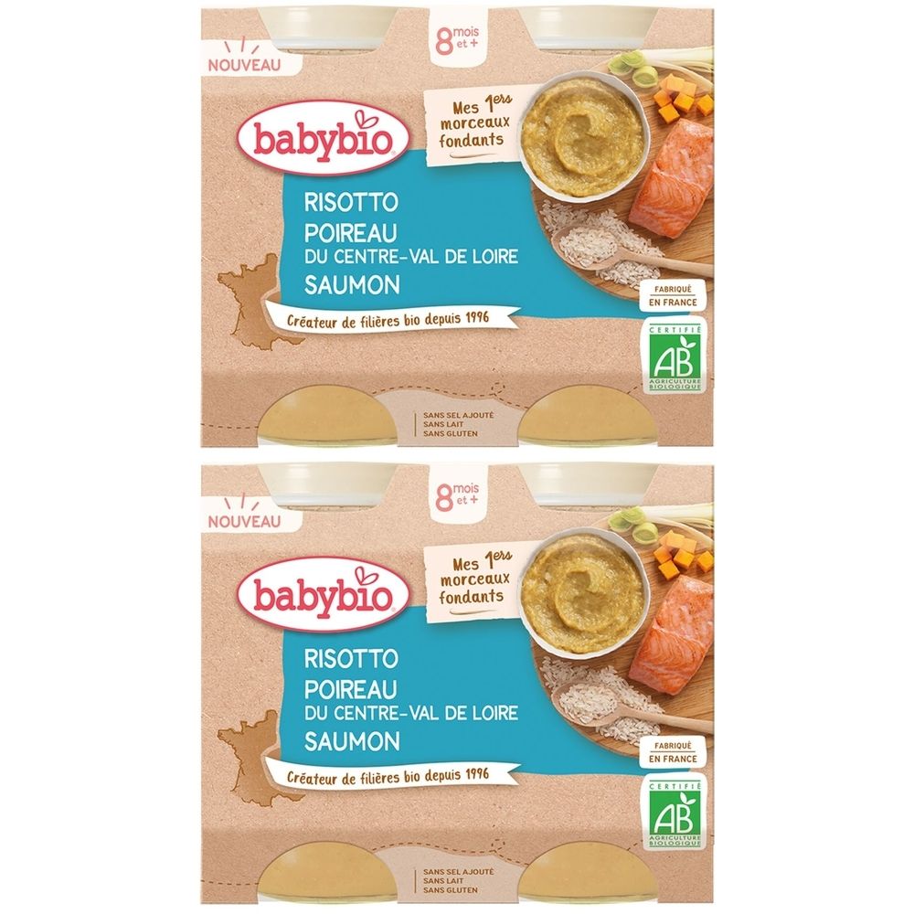 Emballage Babybio Risotto poireau, Val de Loire, saumon, dès 8 mois. Certification bio AB.