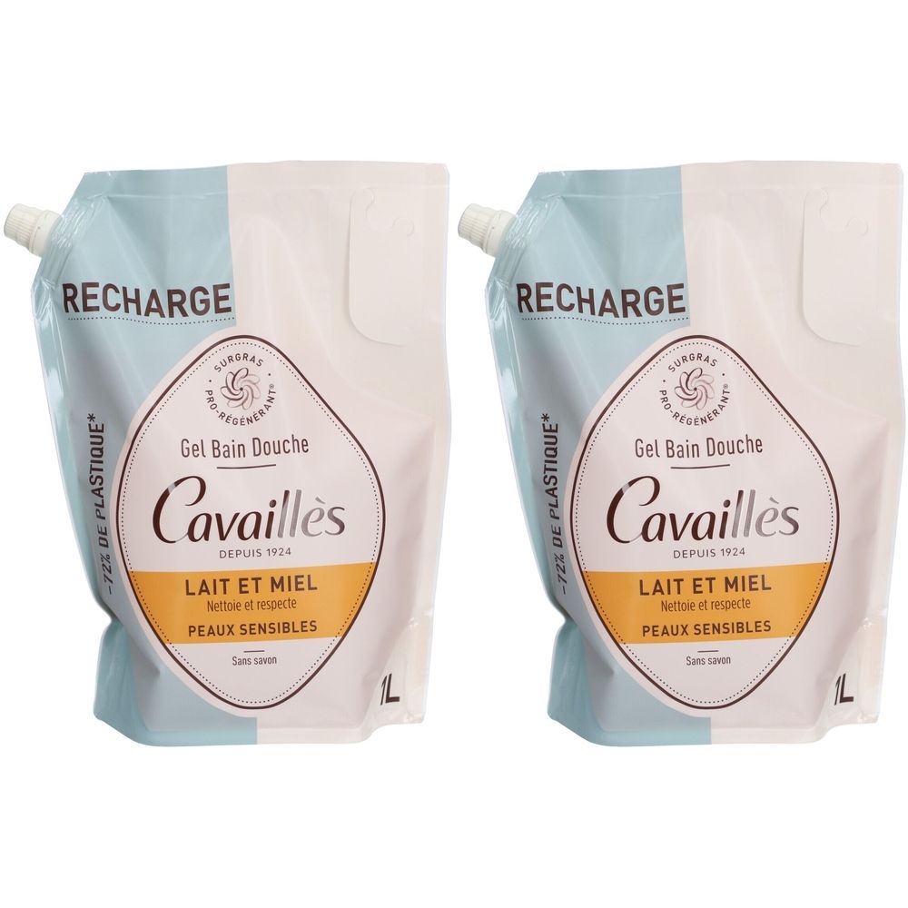 Deux recharges de gel douche Cavaillès Lait et Miel pour peaux sensibles. Sacs souples avec bouchon verseur et mention RECHARGE.