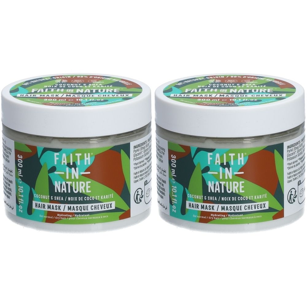 Deux pots de masque capillaire Faith In Nature. Couvercles blancs, étiquette avec logo et nom du produit. 300 ml.