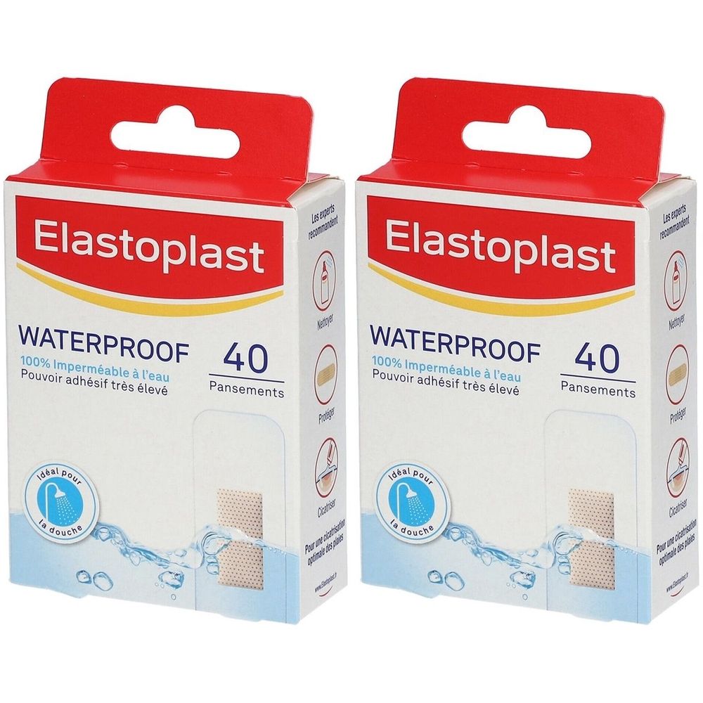 Deux boîtes de pansements. Inscription: Elastoplast, WATERPROOF, 40 pansements. 100% imperméable à l'eau. Pouvoir adhésif très élevé.