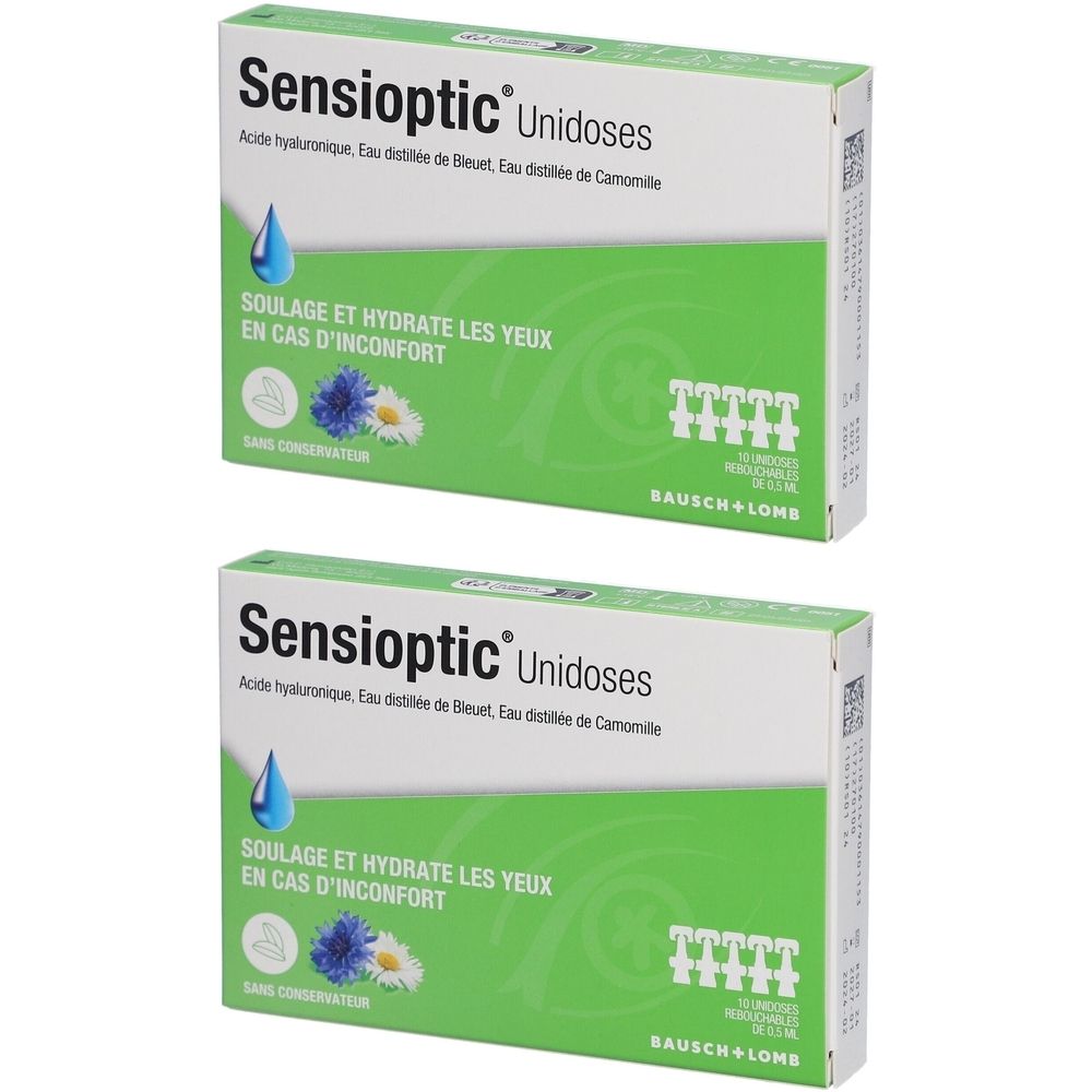 Deux boîtes vertes Sensioptic Unidoses. Texte: Soulage et hydrate les yeux en cas d'inconfort. Marque Bausch + Lomb. Contient des unidoses.