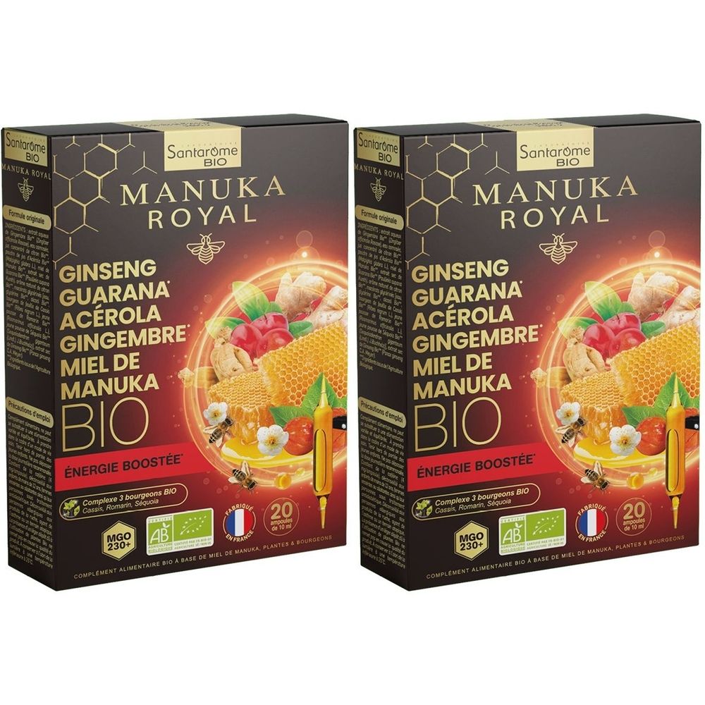 Deux boîtes de Santarome Manuka Royal. Inscriptions : Ginseng, Guarana, Acérola, Gingembre, Miel de Manuka. Certification bio, 20 ampoules.