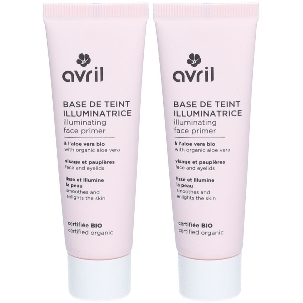 Deux tubes roses. Texte: Avril, Base de Teint Illuminatrice, certifié BIO. Ingrédients: aloe vera bio. Pour visage et paupières.