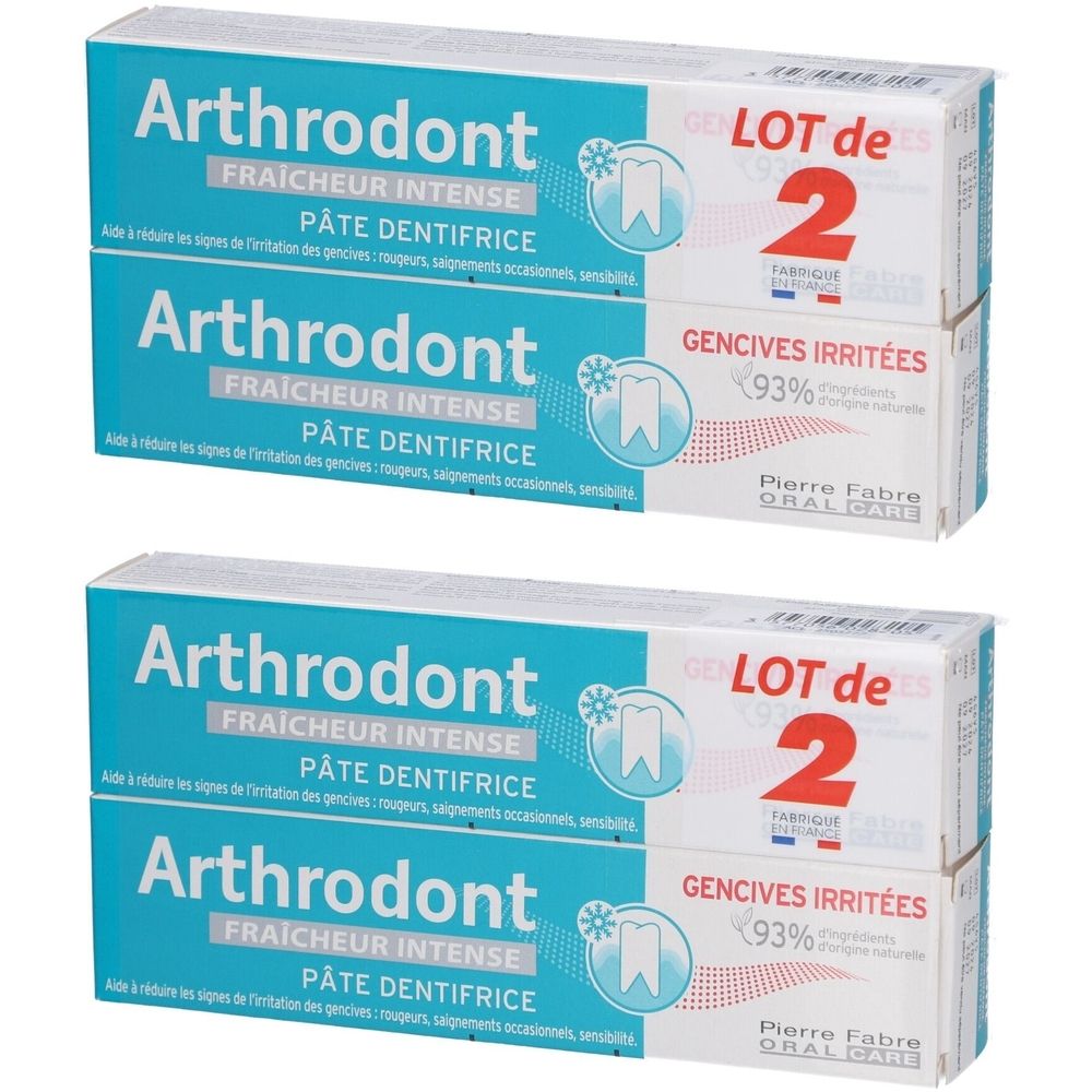 Pack de dentifrice Arthrodont Fraîcheur Intense. Deux boîtes contenant chacune deux tubes. Inscription : GENCIVES IRRITÉES, 93%.