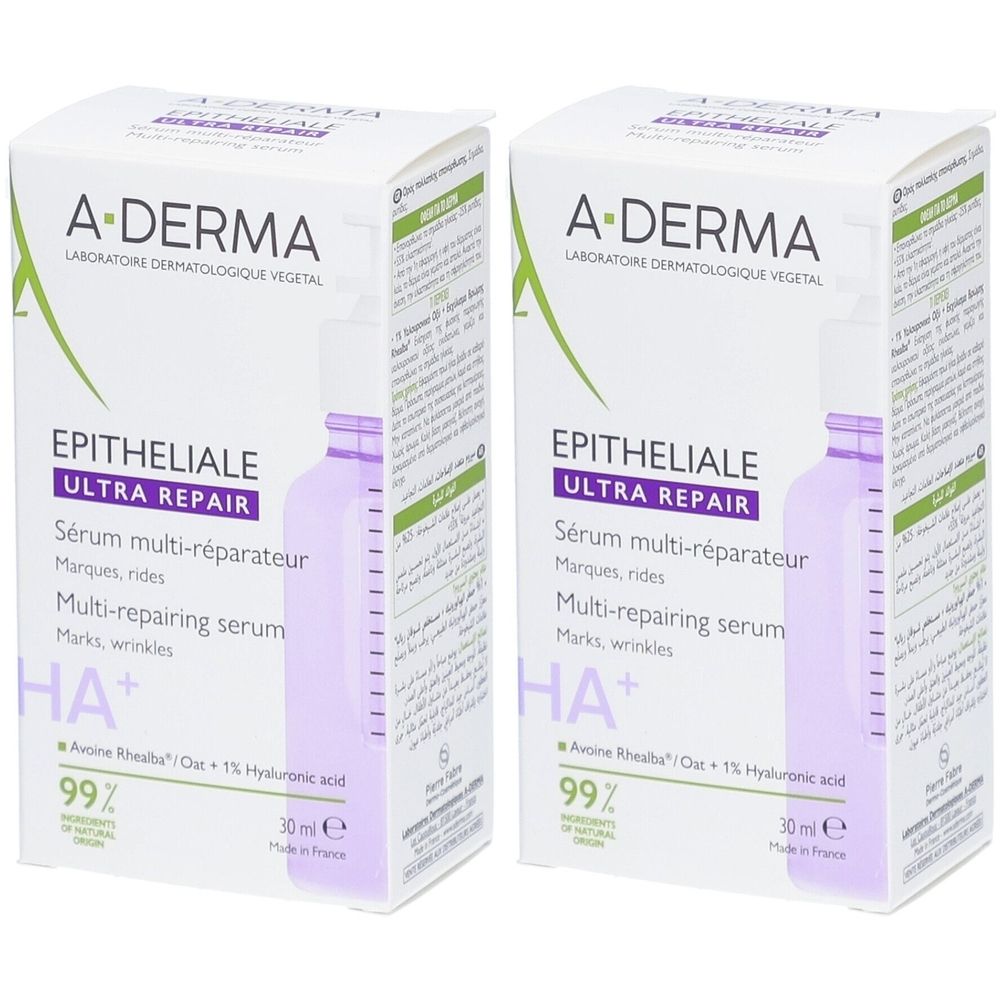 Deux boîtes de sérum A-DERMA Epitheliale Ultra Repair. Inscription : Sérum multi-réparateur, 30 ml.