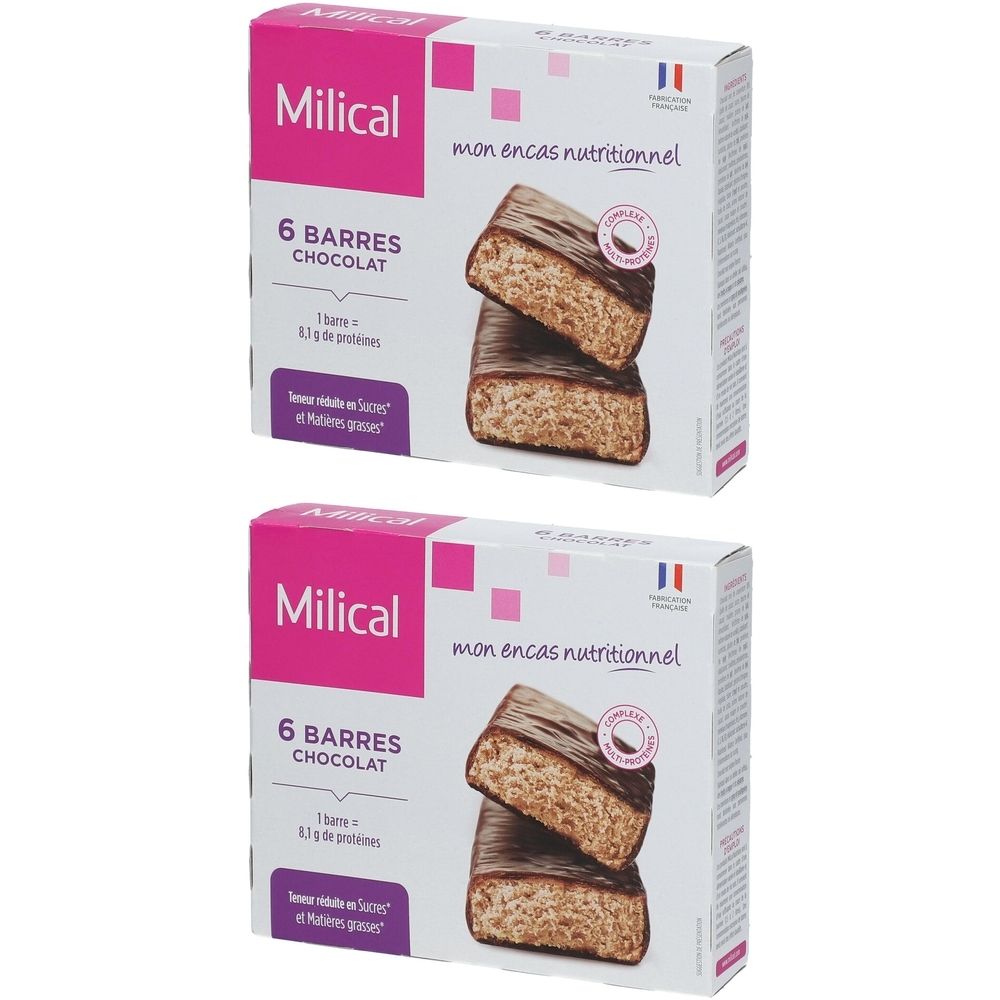 Deux boîtes de Milical Barres Chocolat. Inscription : 6 Barres Chocolat, 1 barre = 8,3 g de protéines. Drapeau français.