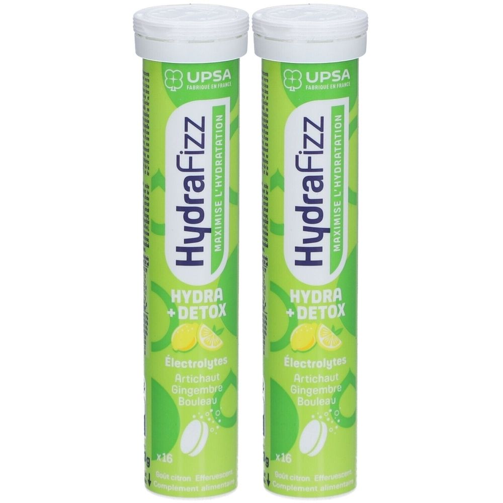 Deux tubes de HydraFizz. Emballage vert et blanc avec nom du produit et ingrédients. Contient électrolytes, artichaut, gingembre et bouleau.