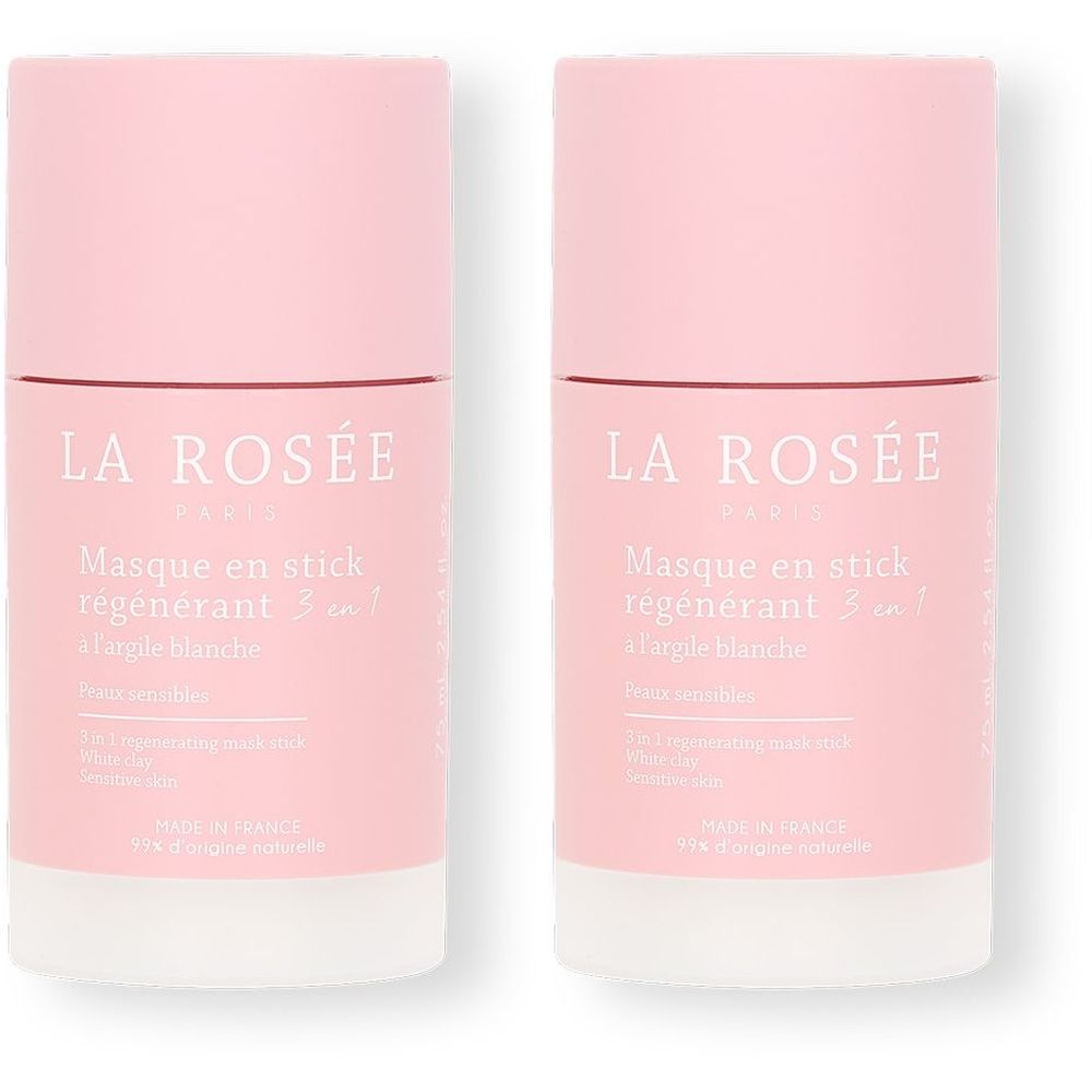 Deux sticks régénérants roses et blancs. Inscription : LA ROSÉE, Masque en stick régénérant 3 en 1 à l'argile blanche.