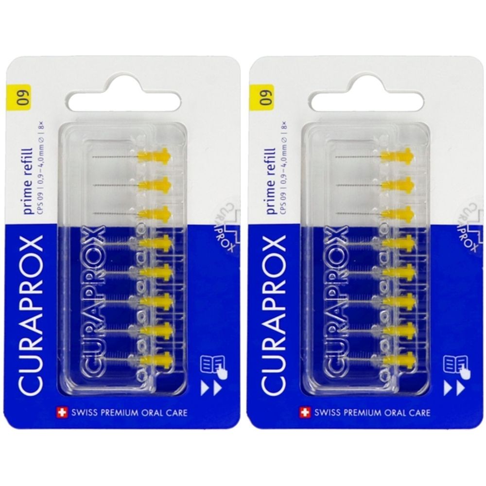 Deux paquets de recharges Curaprox Prime jaunes. Inscription: Swiss Premium Oral Care. Taille 0,9 mm.