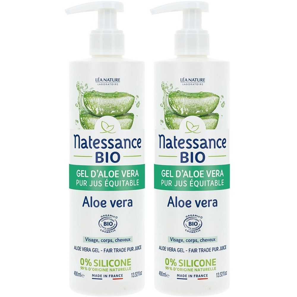 Deux flacons de gel d'aloe vera Natessance Bio avec pompe. Inscription : Aloe vera, certification bio, 0% silicone.