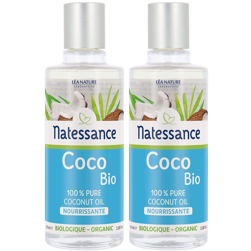 Deux flacons avec bouchons argentés. Étiquettes : "Natessance Coco Bio 100% Pure Coconut Oil".