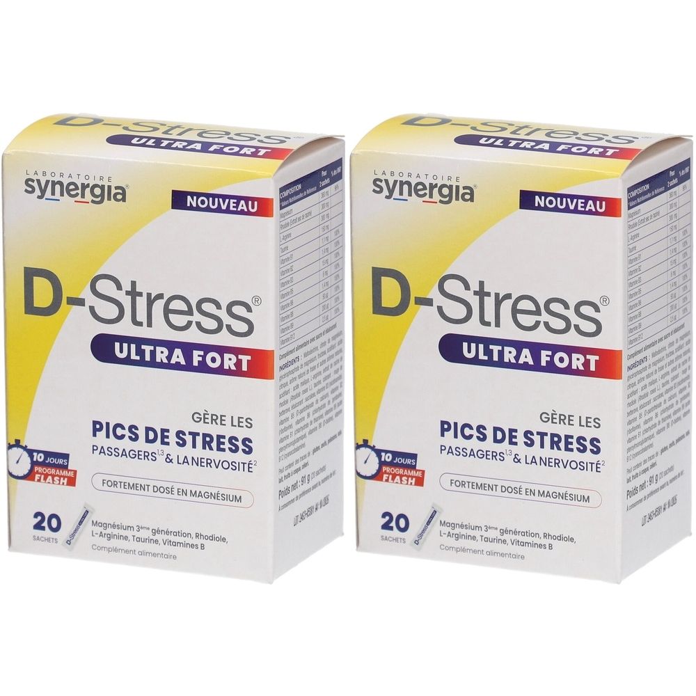 Deux boîtes de D-Stress Ultra Fort. Design jaune et blanc avec nom du produit et informations. Inscription "Nouveau".