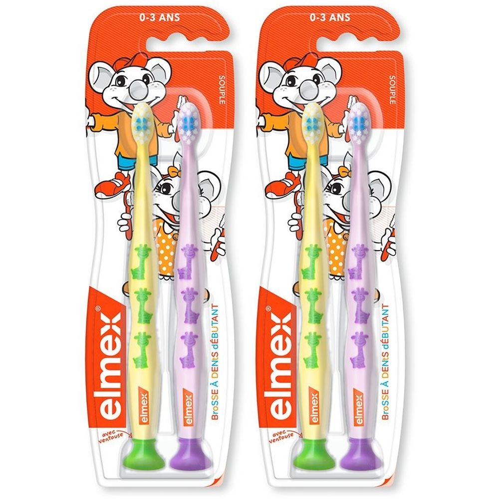 Deux brosses à dents pour enfants. Jaune et violet, motif girafe. Emballage avec souris de dessin animé. Marque : elmex.