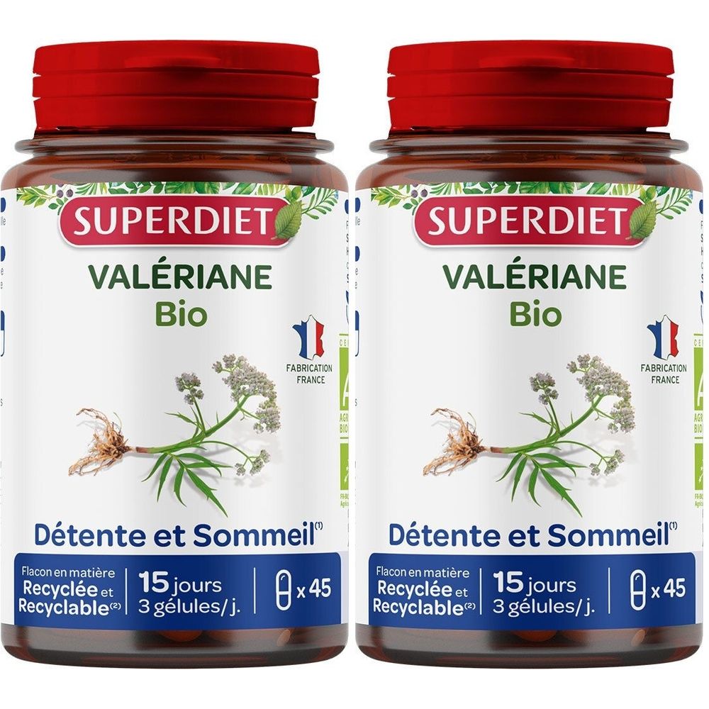 Deux flacons de SUPER DIET Valériane Bio Gélules. Flacons bruns avec bouchon rouge. Inscription: Valériane Bio, Détente et Sommeil, 45 gélules.
