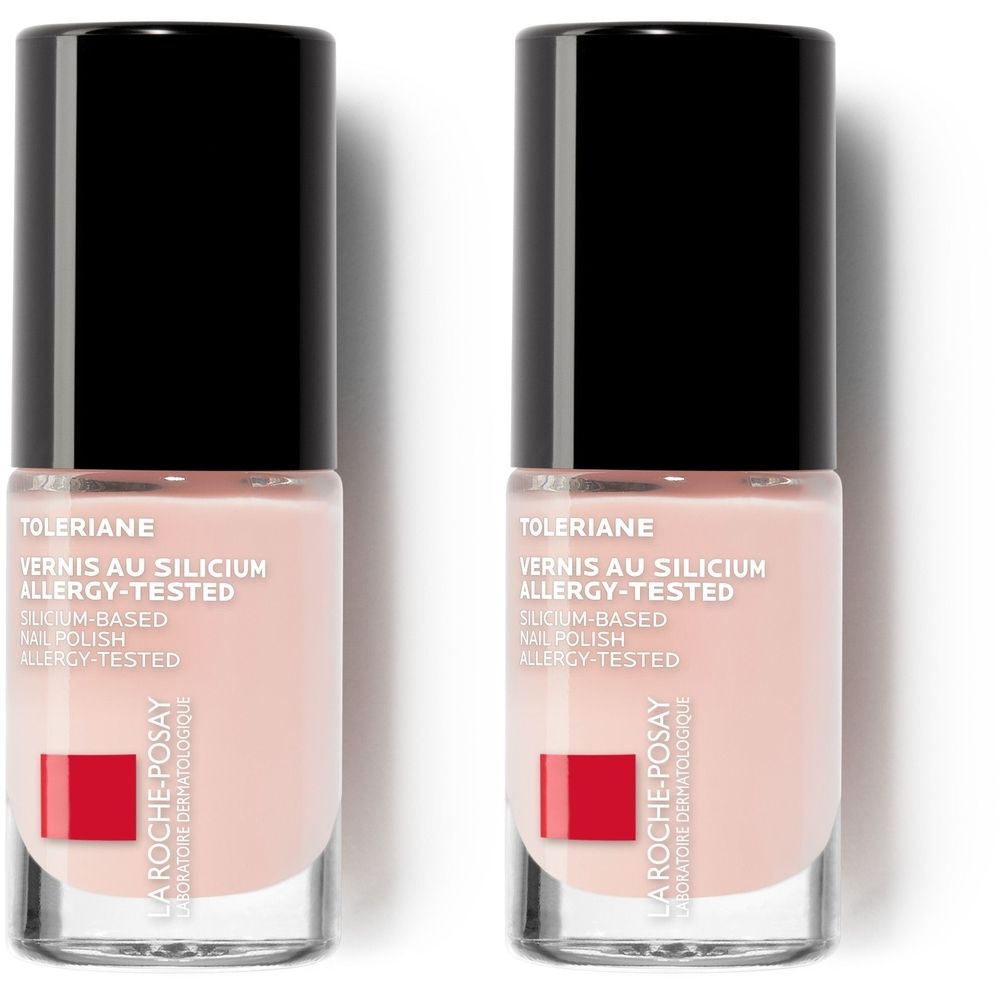 Deux flacons de vernis à ongles rose avec bouchon noir. Inscription : Toleriane, Vernis au Silicium, Allergy-Tested. Marque : La Roche-Posay.