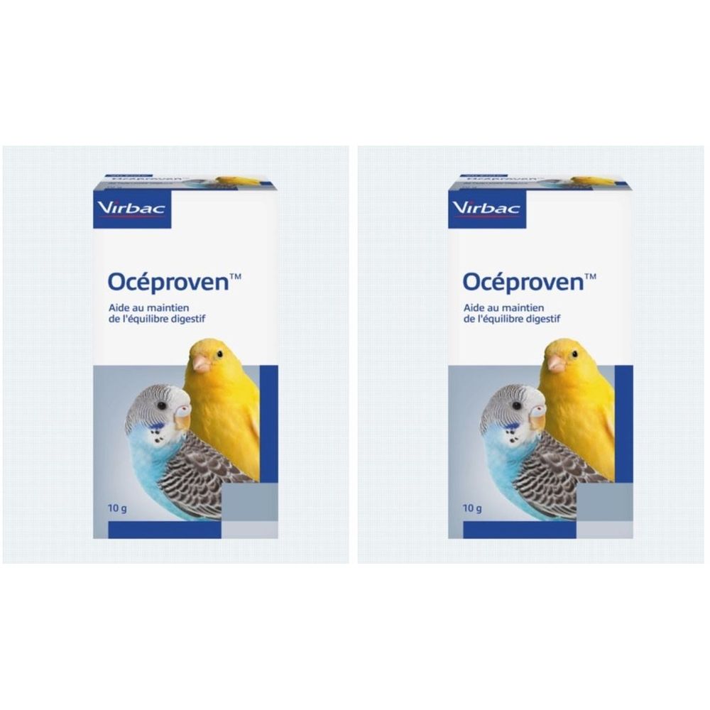 Deux boîtes identiques d'Océproven. Chaque boîte présente un oiseau bleu et un oiseau jaune. Le texte indique : Océproven.