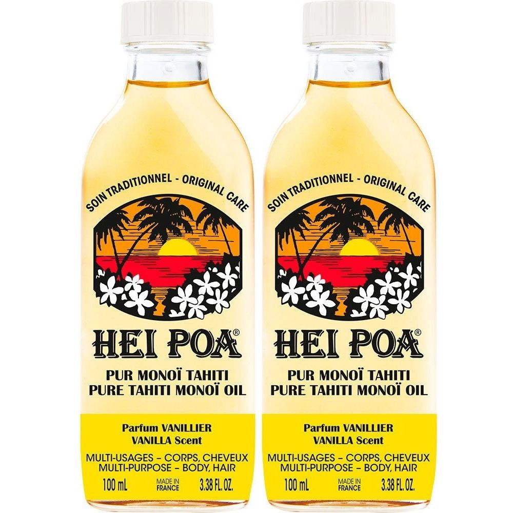 Deux flacons d'huile HEI POA Pur Monoï Tahiti. Inscription Parfum Vanillier, Multi-Usages, 100 ml. Bouchon blanc.