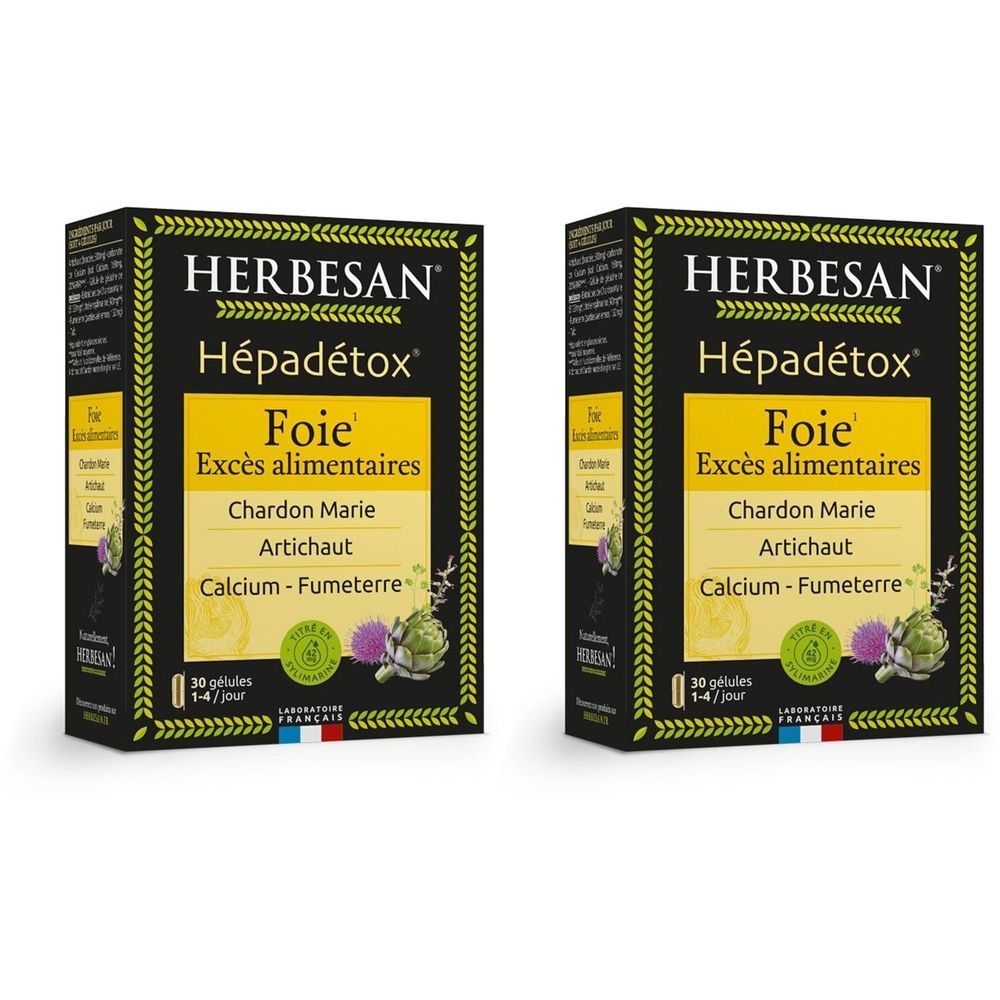 Deux boîtes HERBESAN Hépadétox. Emballage noir avec encart jaune et nom du produit. Contient chardon-Marie, artichaut, calcium.