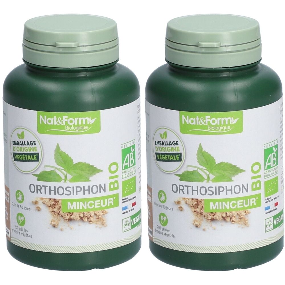 Deux flacons verts avec étiquettes blanches. On lit "Nat&Form", "ORTHOSIPHON MINCEUR" et un label bio. Bouchons vert clair.