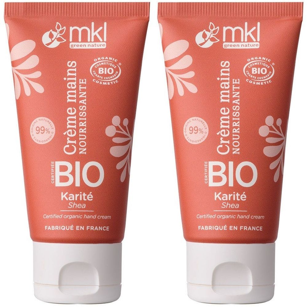 Deux tubes de crème pour les mains. Inscription : BIO, Karité, Crème mains. Produit cosmétique bio certifié.